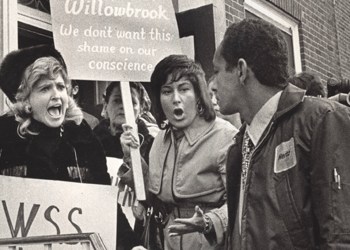 Victoria Schneps protesting the conditions at Willowbrook State School