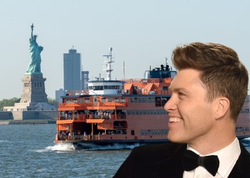 An image of a Staten Island ferry at downtown New York City with Statue of Liberty with Colin Jost