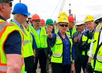 U.S. Energy Secretary Jennifer Granholm tours the New London State Pier facility Friday, May 20, 2022 to view progress on a hub for the offshore wind power