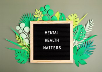 Mental health matters motivational quote on the letter board. Inspiration psycological text with paper cut leaves. Flat lay, top view