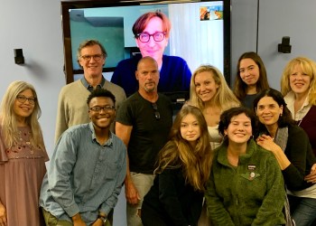 Stan Zimmerman (on screen) with (back row): Matthew Conlon, Joe Pallister, Rachel Feldman, Amala Astor, Valerie diLorenzo; (front row): Elena Sweeney, King Johnson, Nin Dobiszewska, Nicole Seltz, Susan Stout of 