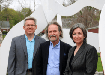 Executive Director of the Long Island Museum, Neil Watson (center) with his successors, Joshua Ruff (left) and Sarah Abruzzi (right)