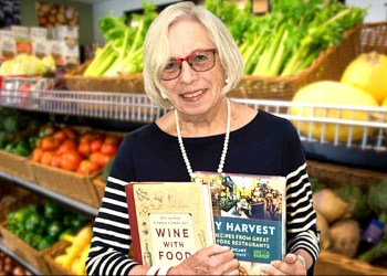 Florence Fabricant podcast banner in front of produce and food