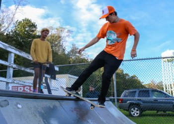 Sean Szynaka on one of the smaller ramps at the Greenport Skate Park on the North Fork