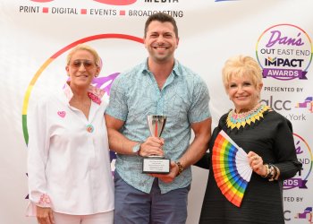 Out East End Impact Awards honoree Jonathan Lovitz with award presenter Judith Kasen-Windsor and Schneps Media president Victoria Schneps-Yunis