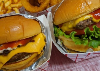 Boom Burgers with fries and onion rings