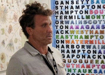 Bruce Reinfeld with his piece naming the hamlets and villages of the Hamptons for Southampton Art Festival