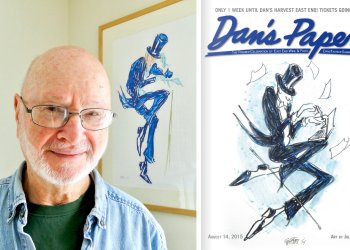 Jules Feiffer with one of his artworks, which shares his iconic art style with his 2015 and 2022 Dan's papers covers