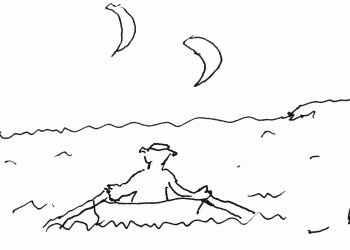 Rowing to John Steinbeck's writing studio in Sag Harbor cartoon by Dan Rattiner