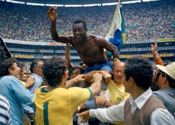 Pelé is hoisted on the shoulders of his teammates after Brazil won the World Cup final against Italy, 4-1, in Mexico City's Estadio Azteca, June 21, 1970