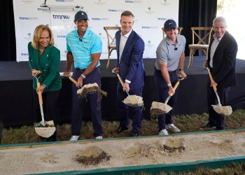 Tiger Woods, second from left, and Rory McIlroy, second from right, join others in breaking ground for the future home of a new tech-infused golf league