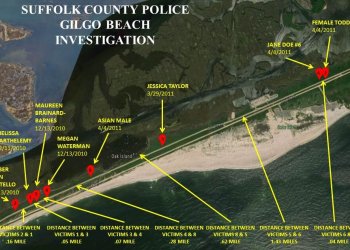 Suffolk County Police Department map showing where each body was found.