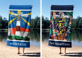 Dan's Papers beach towels featuring Montauk and Hamptons cover art by Mike Stanko and Hanniel Levenson