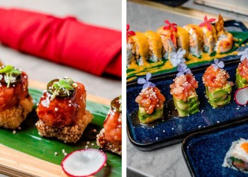 (Left) Spicy Tuna Biscuit and (right) Yakitori King, Sexy Lady and Triple Sexy at Yakitori Sushi House in Delray Beach