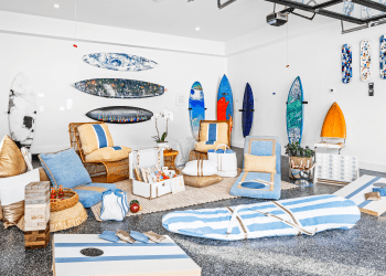 Art surfboards on display at the Hamptons Holiday House