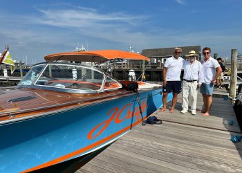 Aleksandar Milakovic, Dan Rattiner and the cruise's helmsman with the J Craft Yacht