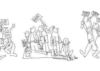 Protestors cartoon, could be about John Paulson and Lake Agawam