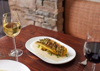 Zucchini-Shiitake Mushroom Stuffed Delicata Squash at Mirabelle Restaurant