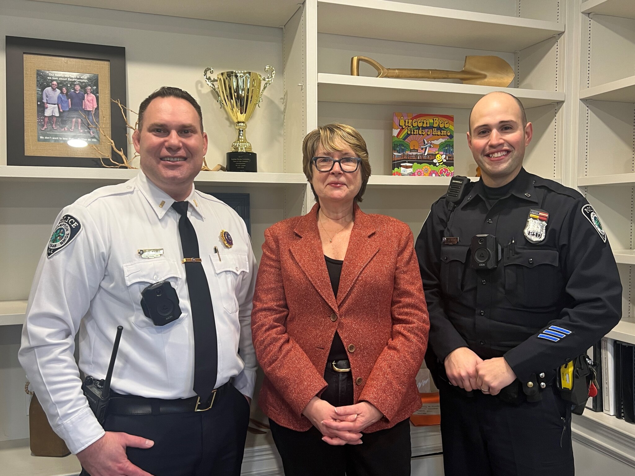 L.-R.: SOA Pres. LT. Dan Toia, East Hampton Town supervisor Kathee Burke-Gonzalez, PBA Pres. PO Joseph Izzo police