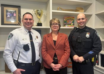 L.-R.: SOA Pres. LT. Dan Toia, East Hampton Town supervisor Kathee Burke-Gonzalez, PBA Pres. PO Joseph Izzo police