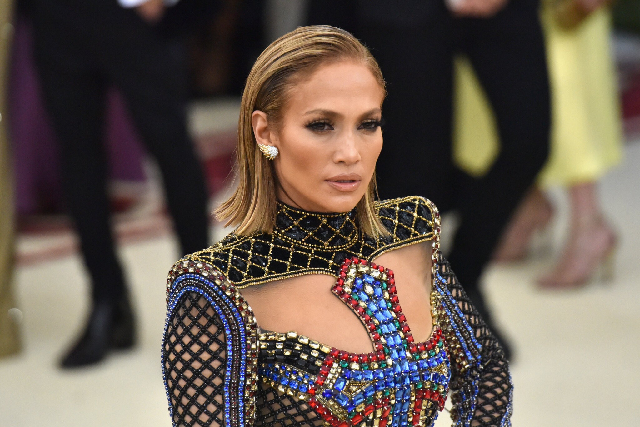 Jennifer Lopez wears Balmain for "Heavenly Bodies: Fashion & The Catholic Imagination" at the 2018 Met Gala