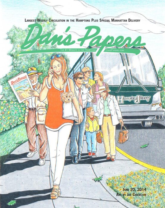 Joe Chierchio's cover art for the June 20, 2014 issue of Dan's Papers features the Hampton Jitney and Dan Rattiner, this paper's founder and a frequent Jitney rider.