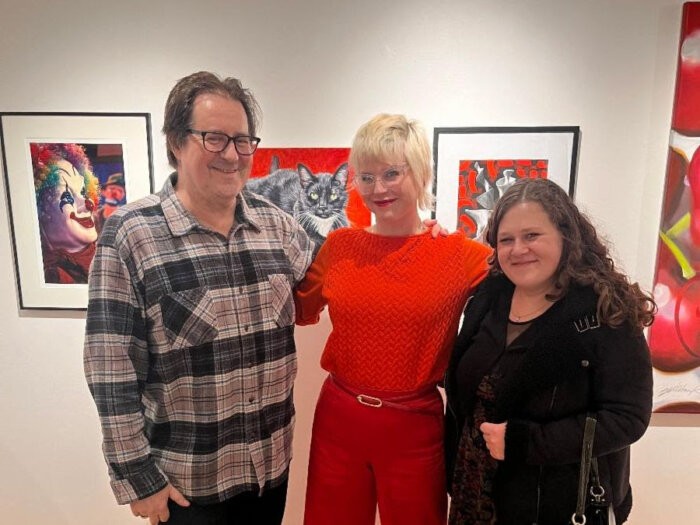Wendy Weiss, center, with artist Edgar Jerins and East End Arts Marketing Coordinator Melissa Pressler at the opening of the 2024 EEA Elizabeth Richard Memorial Members’ Show
