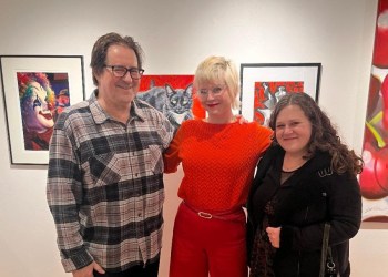 Wendy Weiss, center, with artist Edgar Jerins and East End Arts Marketing Coordinator Melissa Pressler at the opening of the 2024 EEA Elizabeth Richard Memorial Members’ Show