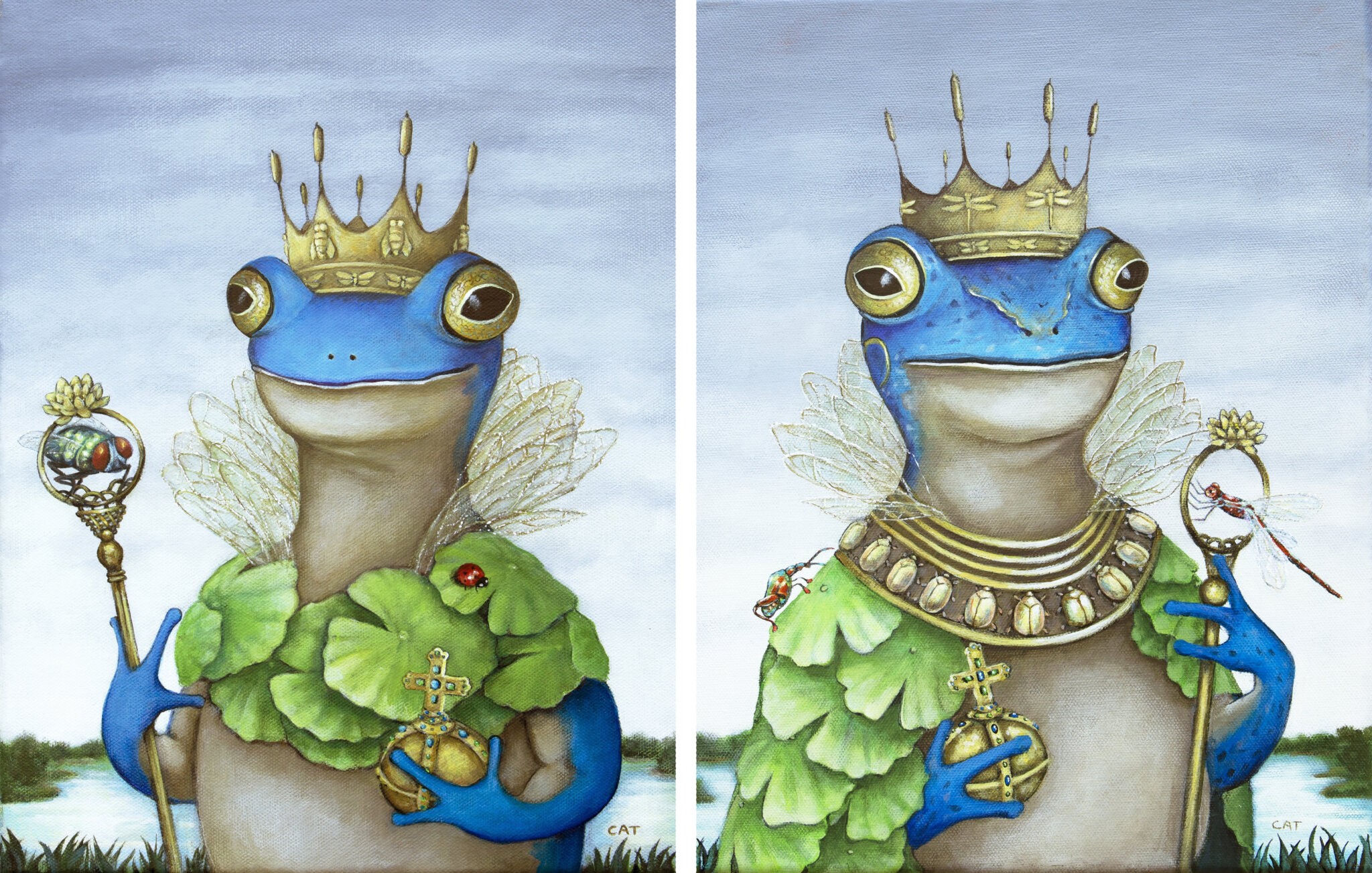 "The Queen of Poxabogue" (acrylic, 11" x 14") and "The King of Poxabogue" (acrylic, 11" x 14") by Cat Bachman