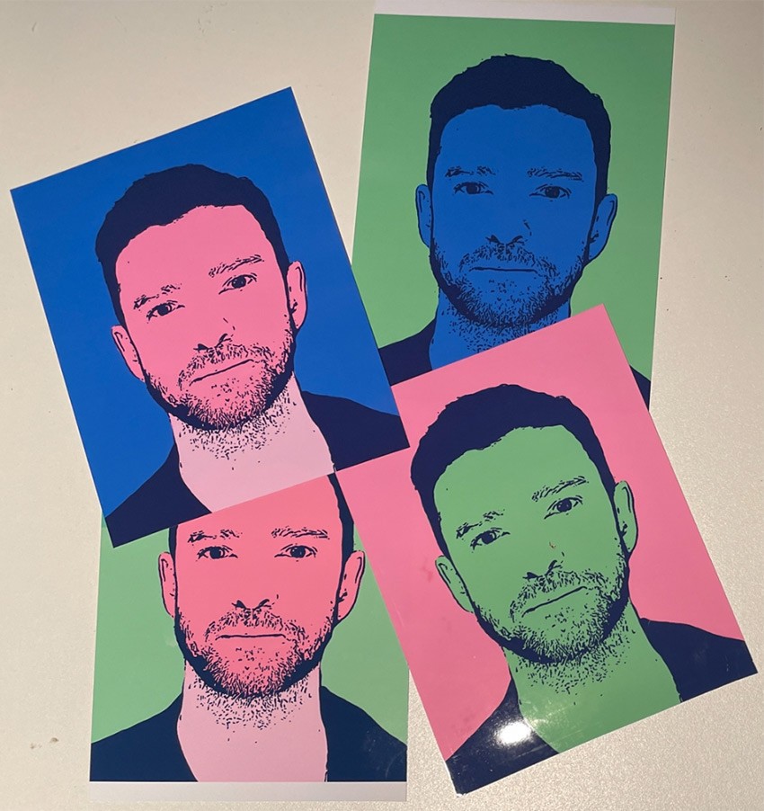 All four color ways of "Tuesday Night Out" by Robert Lohman featuring Justin Timberlake's mugshot, Courtesy Romany Kramoris Gallery