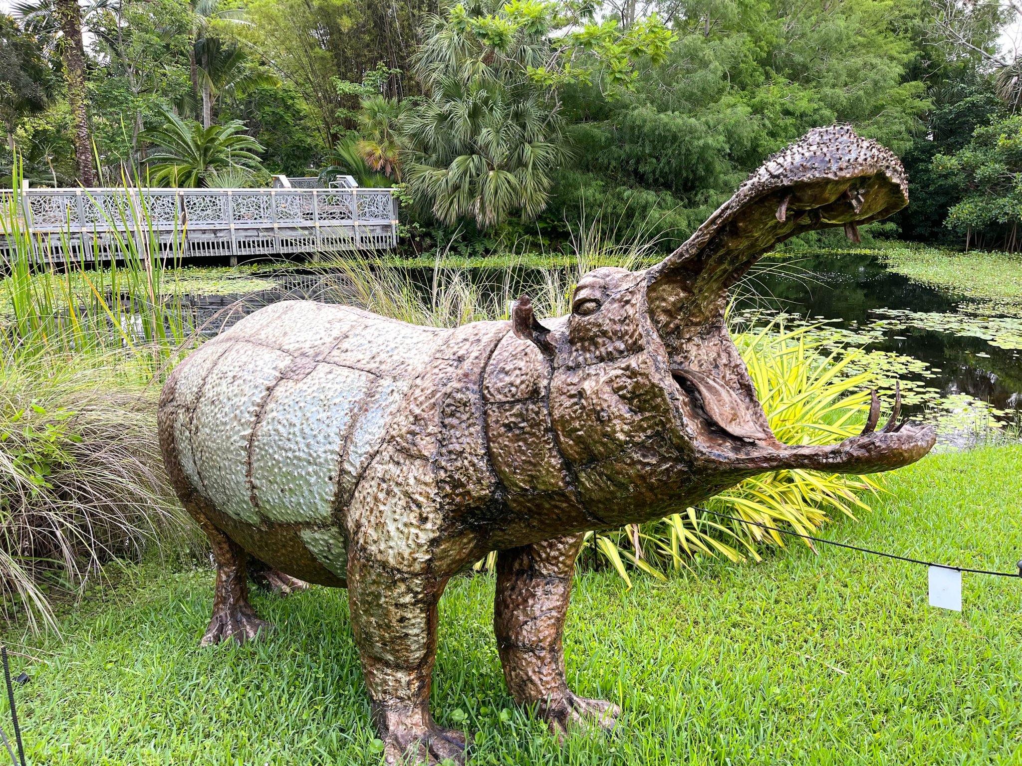 The metal hippo at Mounts Botanical Garden