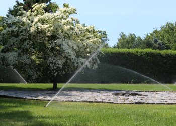 Sprinklers spray luxury Hamptons lawn with water - Save water with Wi-Fi controllers and flow meters when you irrigate with RB Irrigation