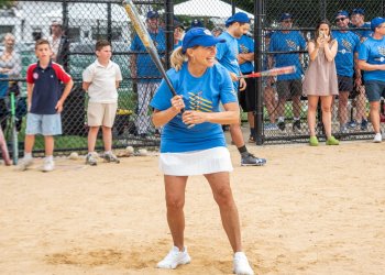 Katie Couric at bat for the Writers at the 2024 East Hampton Artists & Writers Charity Softball Game