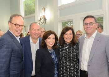 William Hochul Jr., Rabbi Marc Schneier, Governor Kathy Hochul, Shari Zuckerman, Synagogue President Jeff Zuckerman at the Hamptons Synagogue