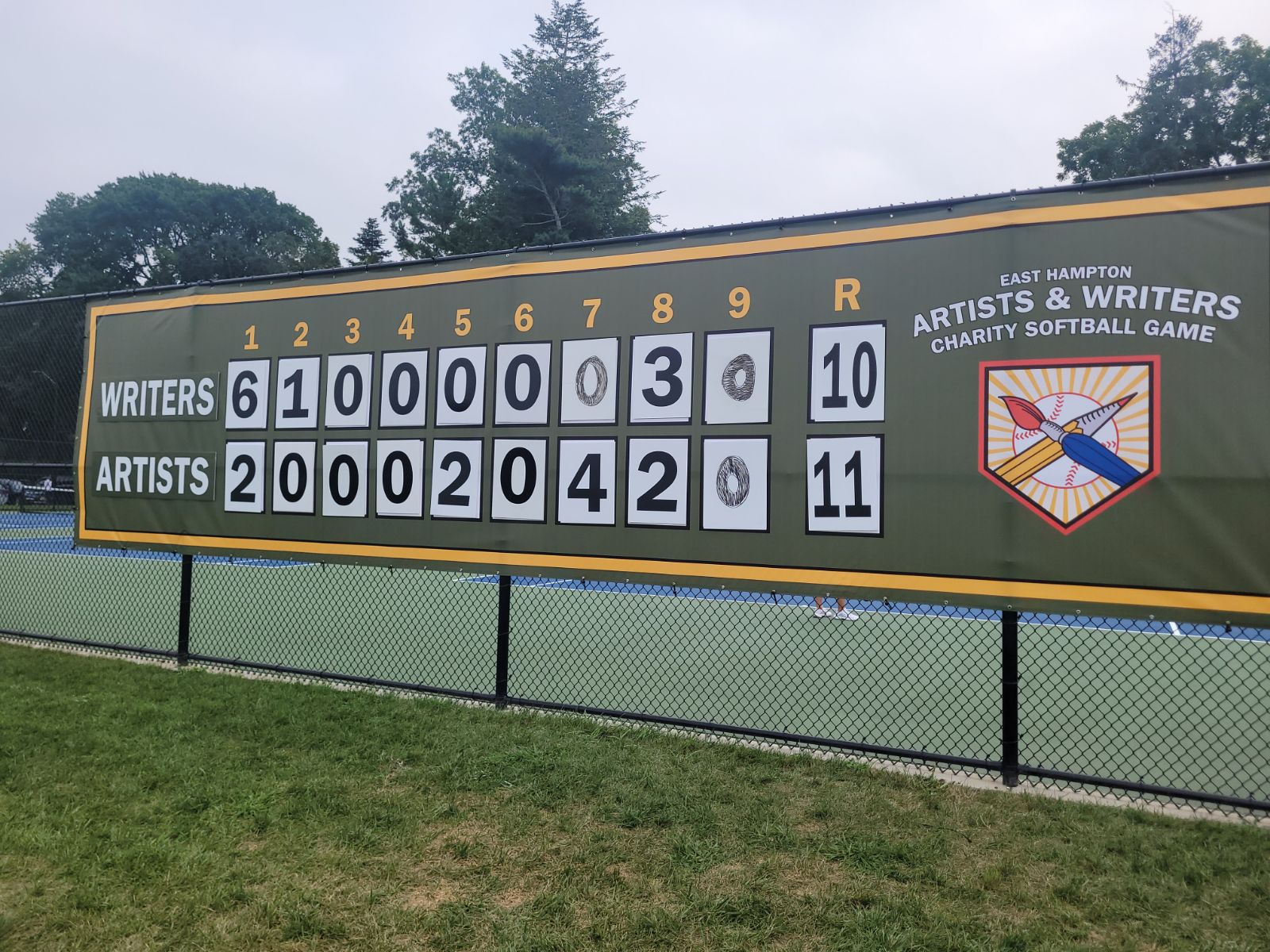 The new scoreboard for the East Hampton Artists & Writers Charity Softball Game introduced in 2024