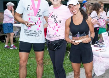 1st Place Male Sergey Avramenko, Ellen Hermanson Foundation Co-Founder Julie Ratner, 1st Place Female Kara Dych at Ellen's Run