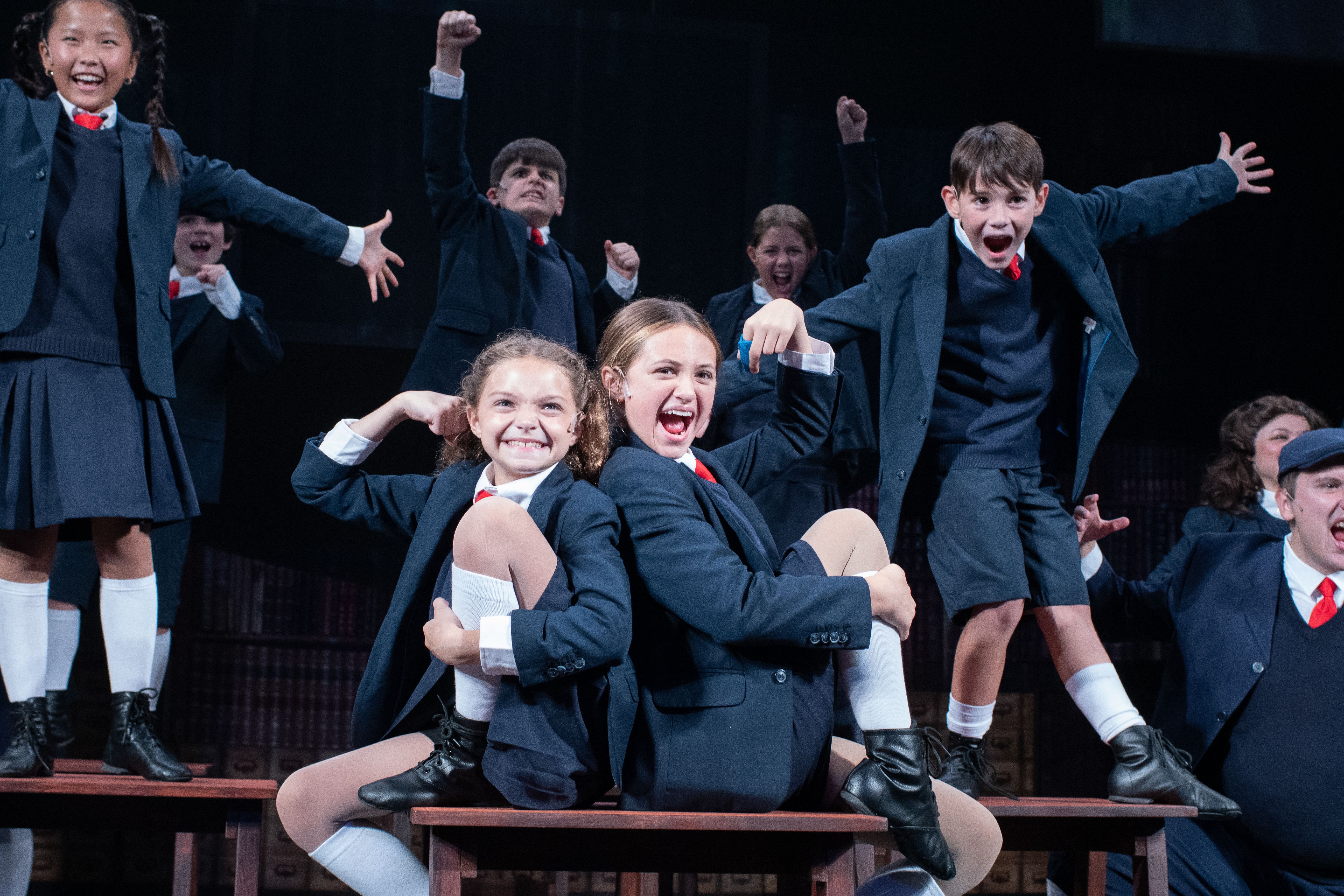 Matilda (Sadie Mathers) and Company in Matilda The Musical at Theatre Three