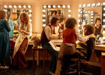 Jane Curtin (Kim Matula), Laraine Newman (Emily Fairn), Lorne Michaels (Gabriel LaBelle), Rosie Shuster (Rachel Sennott), and John Belushi (Matt Wood) in the Makeup Room in 