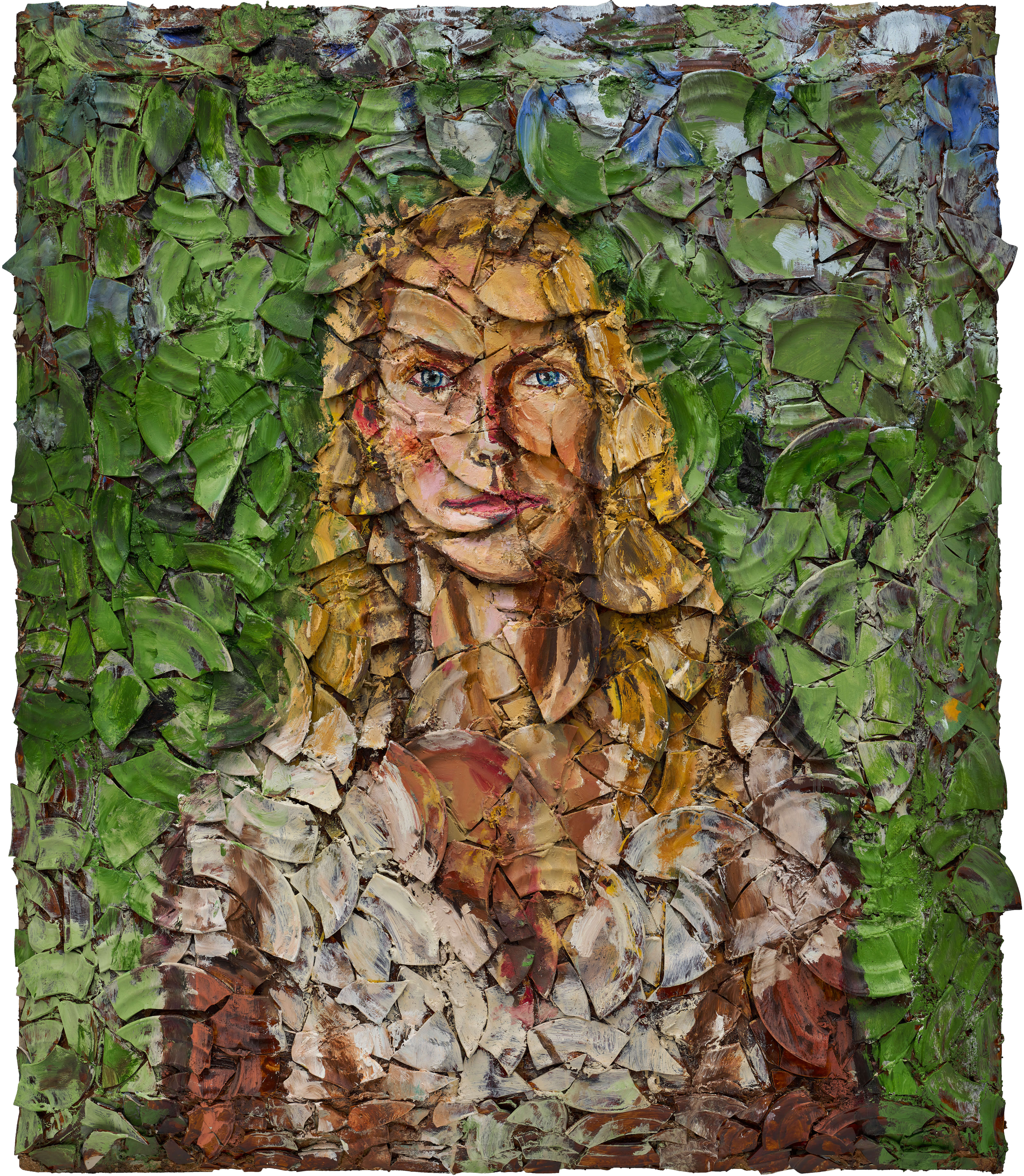 Julian Schnabel, Untitled (Portrait of Louise Kugelberg), 2019, oil, plates, and bondo on wood, 72 x 60 inches (182.9 x 152.4 cm)