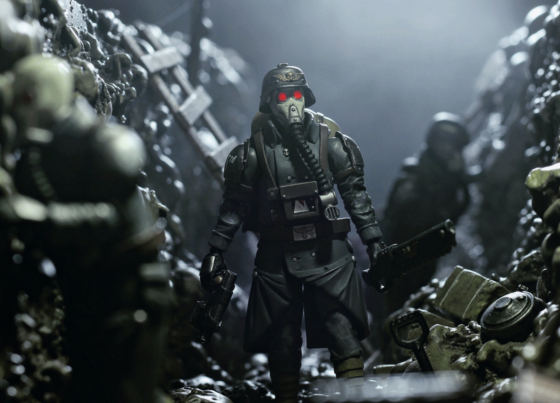 Scratch-built trench diorama featuring Joytoy Death Korps of Krieg figures enduring war on a distant planet - toy photography