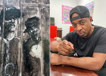 Chuck D art featuring him and Public Enemy cofounder Flavor Flav (left), Chuck D (right)