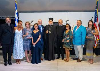 Father Constantine Lazarakis, Olga Karloutsos, Karen Lawson, Karen Mehiel, Bruce Mosler, Archbishop Elpidophoros, Father Alex Karloutsos, Cynthia Lippe, John Catsimatidis, Liz Bard at Blue Dream Summer Gala