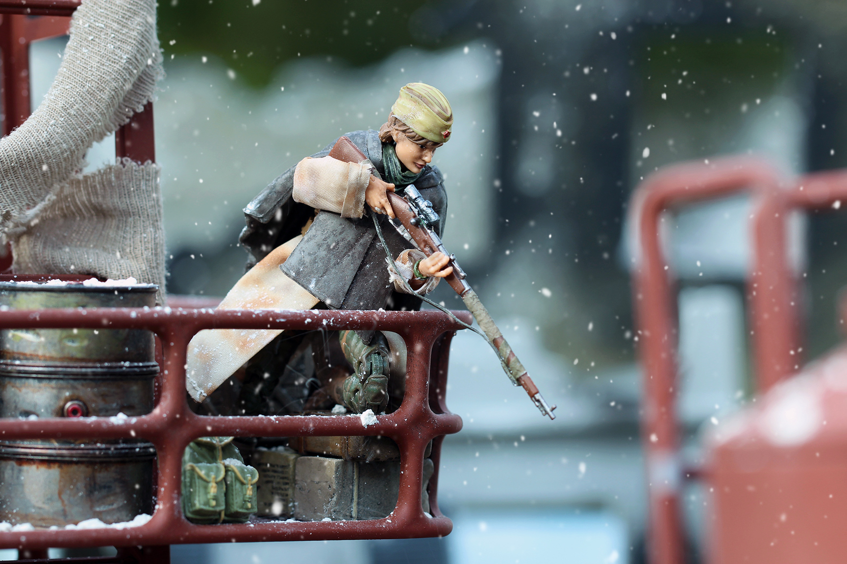 WWII Russian Sniper using custom Marauder Task Force Valkyries figure and rifle with custom diorama pieces, toy photography by Oliver Peterson, oliversees