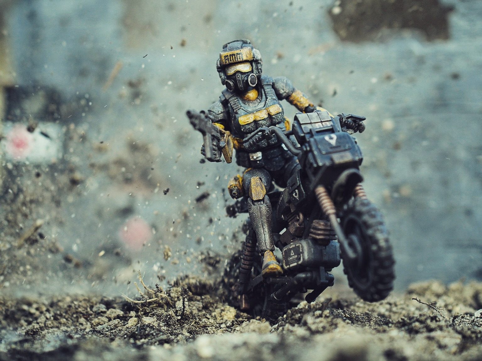 Acid Rain World motorcycle and figure in a post-apocalyptic scene with practical dirt effects, toy photography by Oliver Peterson oliversees