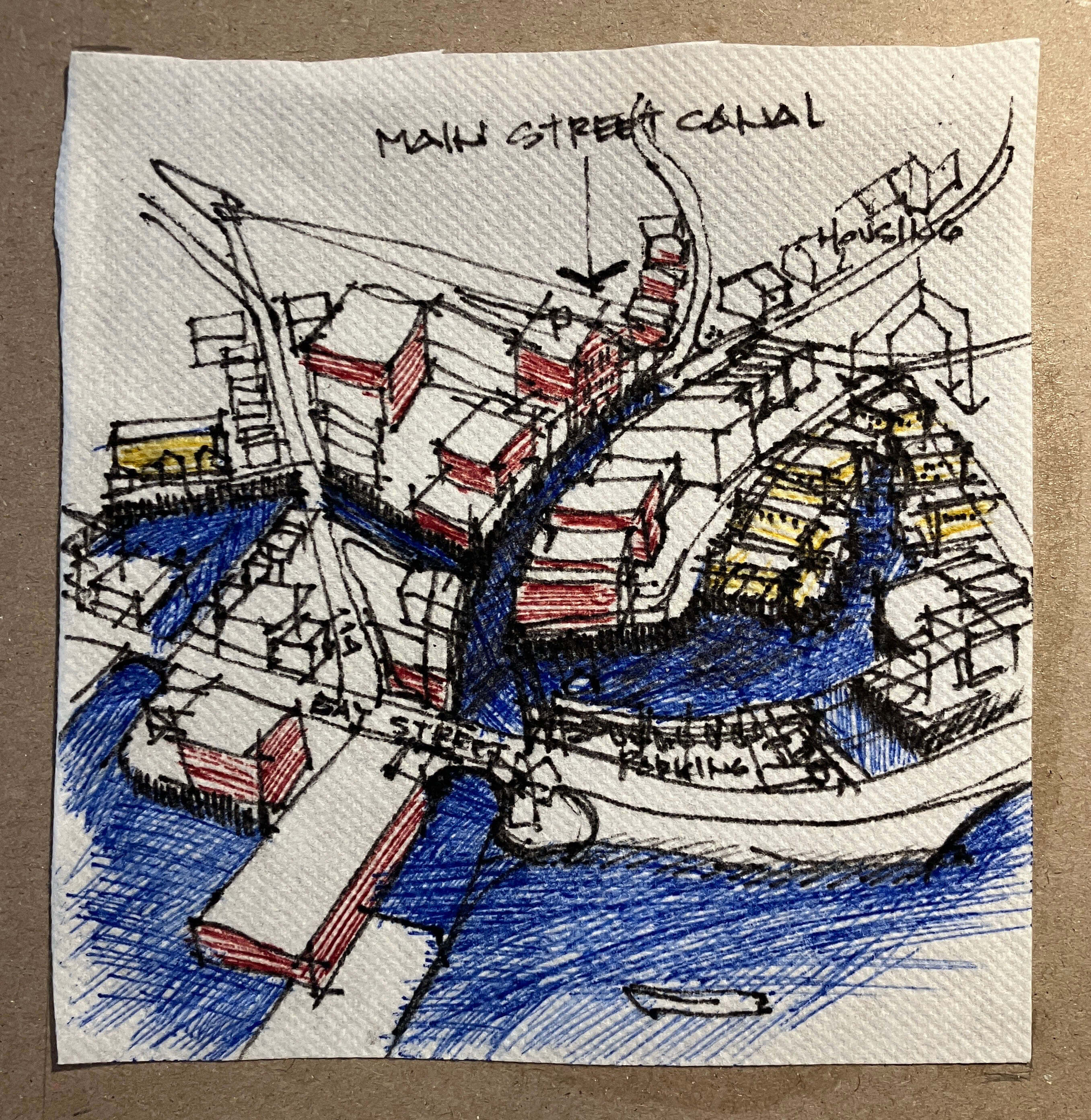 "Sag Harbor in the Future," napkin art by Edgar Papazian of Sag Harbor, on view at Bay Street Theater