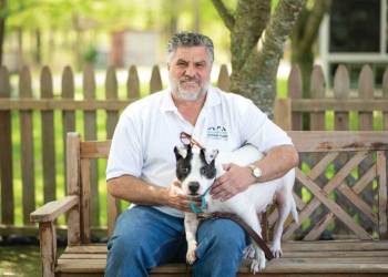 Southampton Animal Shelter Executive Director Anthony Sabia and a dog named Sampson.