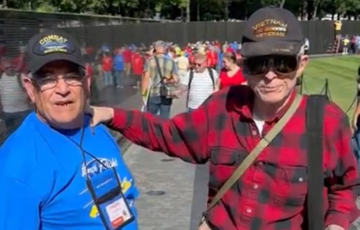 L.-R.: Vietnam War veteran Vincent Dellipaoli reunites with medic James Hennessy at the Vietnam Memorial on Oct. 5, 2024 (Bill Donohue)