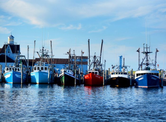 Commercial fishing boats at Montauk Harbor in Montauk, New York on August 15, 2016.