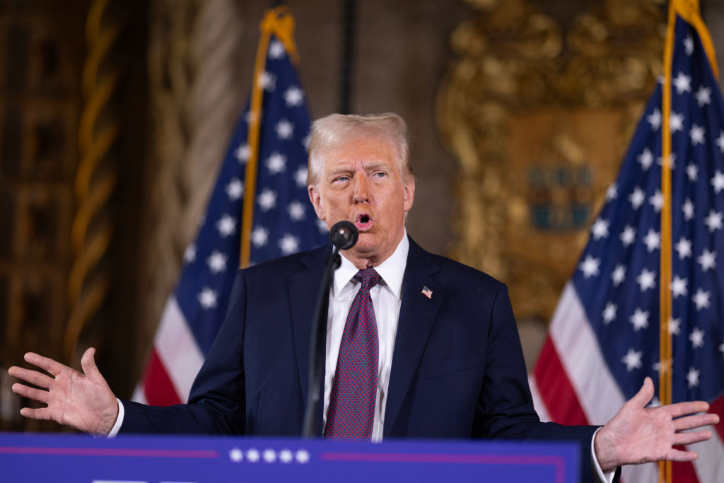 U.S. President-elect Donald Trump speaks to members of the media during a press conference at the Mar-a-Lago Club on January 07, 2025 in Palm Beach, Florida. (Photo by Scott Olson/Getty Images)