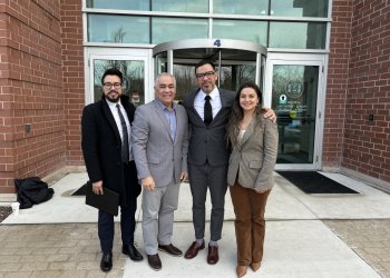 From left: committee members Edgar Meija, Pastor Elias Salcedo, Alexander Escobar, and Montserrat Ruiz outside Riverhead Town Hall.